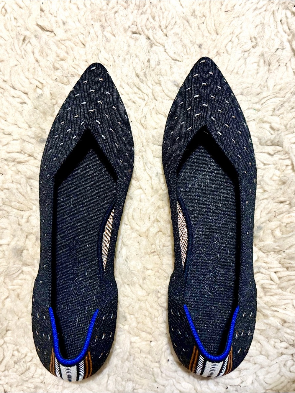Rothy's W8 Navy Pointed-Toe Knit Flats with Metallic Accent